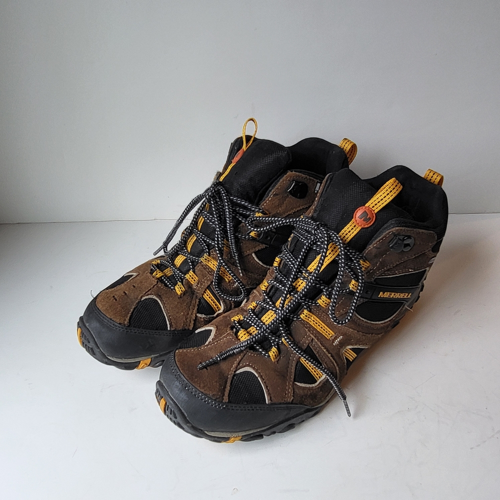 Merrell Men's Brown and Black Trail Shoes with Yellow Accents